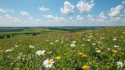 Wildflowers bloom on a hilltop, scenic valley view