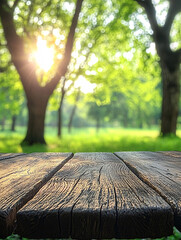 Wooden planks in sunlight overlook lush greenery, promising a relaxing and peaceful day in nature.