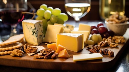 Cheese plate with grapes, walnuts, crackers and wine