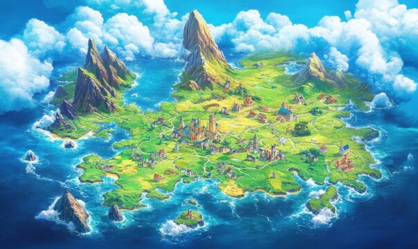 Fantasy island map villages, mountains, ocean; game background