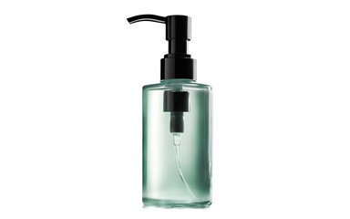 Obraz premium A transparent glass soap dispenser with a metal pump on a empty plain background