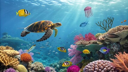 Underwater coral reef scene, vibrant tropical fish, sea turtle swimming, colorful coral formations, jellyfish floating, crystal clear blue water, sunlight filtering throug