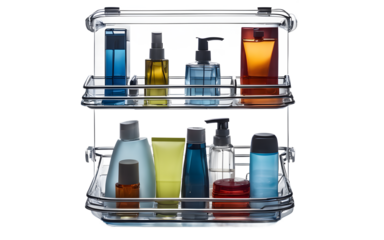 A transparent plastic shower caddy with multiple compartments on a empty plain background