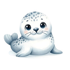 Cartoon seal sitting on warm sand, smiling cheerfully, evoking a sense of relaxation, nature, and summer vibes.