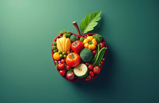 Illustration of apple fruit shape filled with fresh vegetables. Concept of healthy diet, vegan food, world food day. Tomatoes, broccoli, peppers in fruit with leaf on green background.