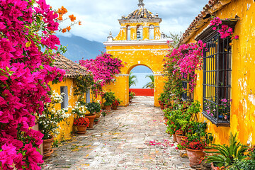 Fototapeta premium Floral lane of yellow buildings, cascading bougainvillea, and a distant view through an arched gateway.