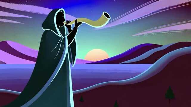 A robed figure blows a shofar at sunrise in a tranquil mountain setting with birds flying overhead, symbolizing spirituality and tradition. Yom Kippur