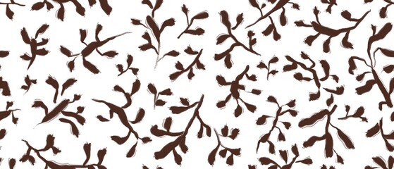 Seamless abstract botanical pattern. Background in brown, white. Illustration. Plants, leaves. Design for textile fabrics, wrapping paper, background, wallpaper, cover.