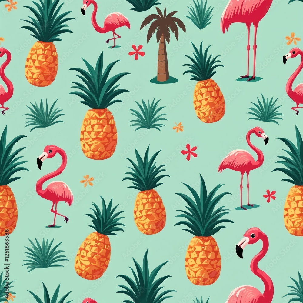 Poster seamless pattern featuring retro tropical motifs like palm trees, flamingos, pineapples in vibrant h