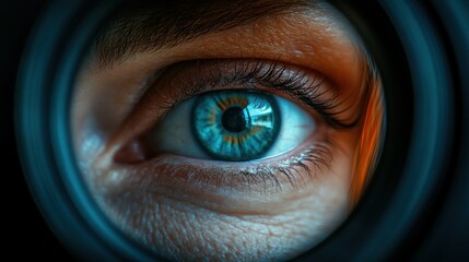 Woman's eye peering through lens, close-up, dark background, surveillance