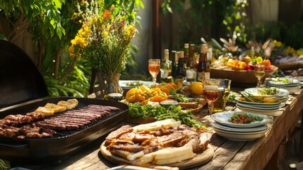 vibrant outdoor party featuring delicious barbecue spread with grilled meats, fresh salads, and colorful fruits, perfect for gatherings.