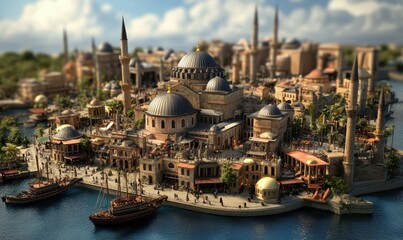 Obraz premium Island city, historical architecture, bustling harbor, sunny day, travel tourism