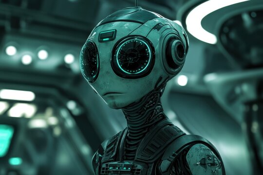 Close-up of an alien cyborg in a futuristic setting