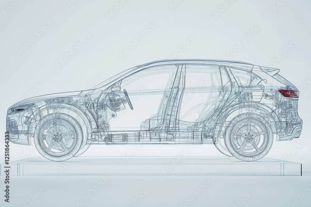 Poster transparent blue 3d car blueprint displaying detailed mechanical structure, engineering concept, fut