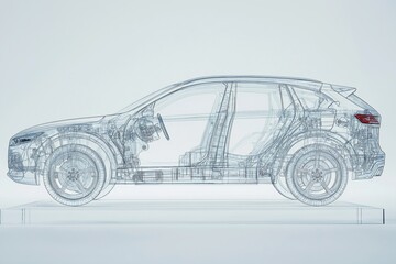 Transparent blue 3D car blueprint displaying detailed mechanical structure, engineering concept, futuristic automotive technology, and high-tech vehicle innovation, Generative AI