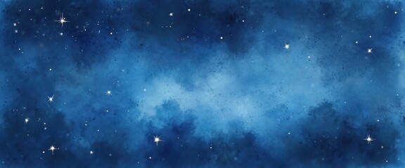 Naklejka premium Abstract blue watercolor shows a night sky, stars, and nebula. It is good as space wallpaper for digital projects. Night cosmos cosmic background for print, banner or card.