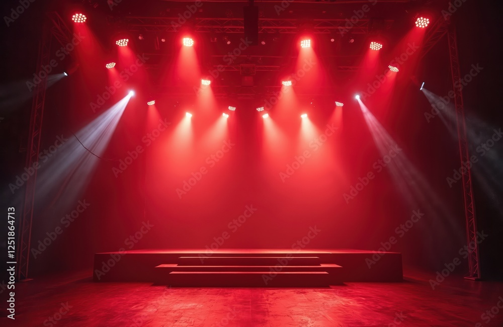 Poster empty rock concert stage illuminated by spotlights and red lights. performance event stage at night.