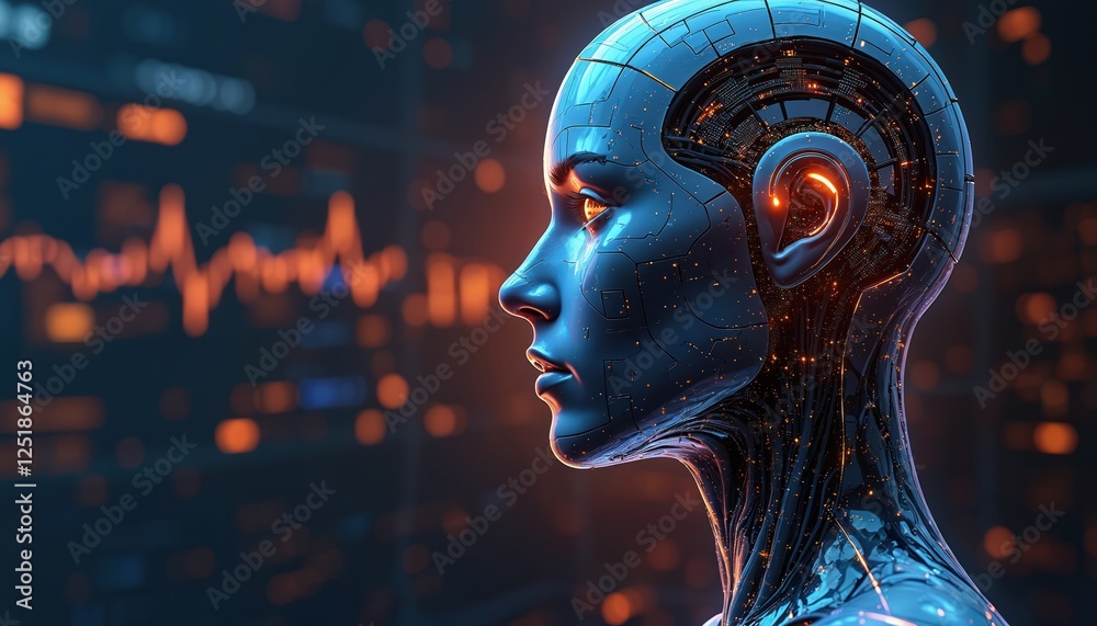 Leinwandbilder side profile of futuristic ai computer head. glowing lines, data on face. artificial intelligence, m