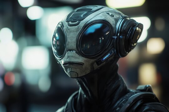 Close-up of a futuristic humanoid wearing a helmet with large, black eyes