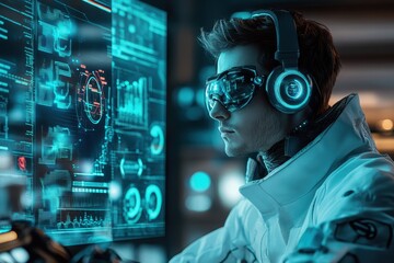 Cyberpunk Gamer Focused on Futuristic Digital Interface