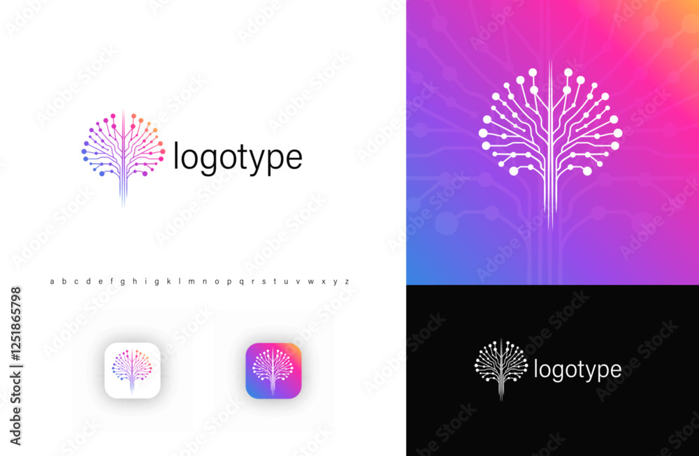 Poster futuristic digital tree logo with circuit branches symbolizing ai, technology, and innovation. perfe