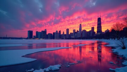 Obraz premium Frozen lake, vibrant sunset hues over Chicago's silhouette, lake michigan, landscape, view