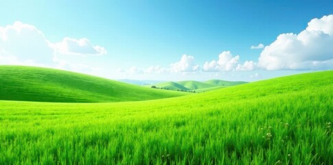 Obraz premium Green lush grassy field stretching endlessly in all directions, field, nature, foliage