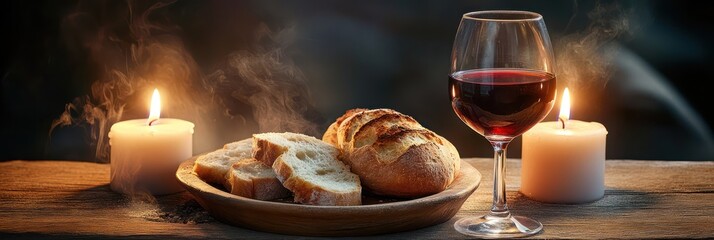Obraz premium Bread and wine are arranged on a wooden table, surrounded by softly flickering candlelight, symbolizing the Eucharist during Maundy Thursday observances