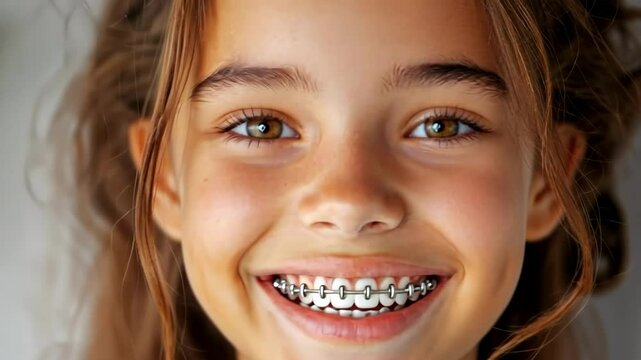 Smiling caucasian young girl with braces in a cheerful indoor setting. The concept of dentistry, dental treatment. Orthodontics, prosthetics