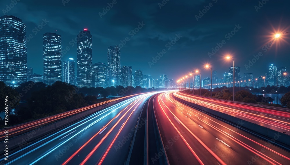 Poster illustration of night city skyline with car light trails on highway. fast speed transfer concept. ag