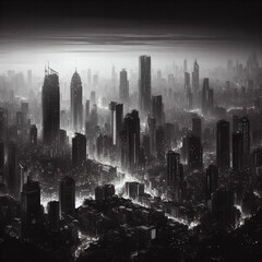 Dystopian city in the night black and white. Creepy spooky dark polluted urban cityscape metropolis