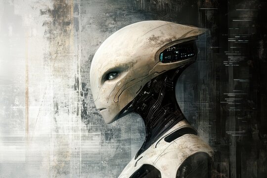 A Close-Up of a White, Cyborg-Like Humanoid Head