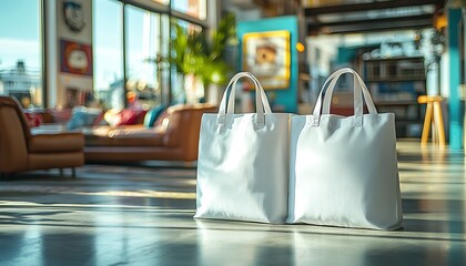 Two blank white tote bags displayed on a clean, minimalist backdrop, perfect for showcasing custom designs