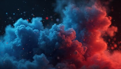 Fototapeta premium Abstract smoky clouds show dynamic energy. Blue, red colours create contrast against dark background. Scattered particles add depth. This visual design is ideal for backgrounds, creative projects.