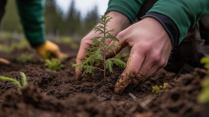 Planting a young tree: a symbol of growth and regeneration.