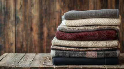 A stack of warm knits on a wooden background.