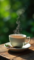 Fototapeta premium Steaming teacup, loose leaf, wooden table, tea plantation backdrop, vibrant, organic, tea plantation view