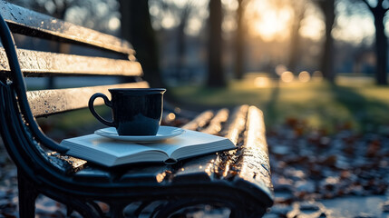 A book and coffee on a park bench.