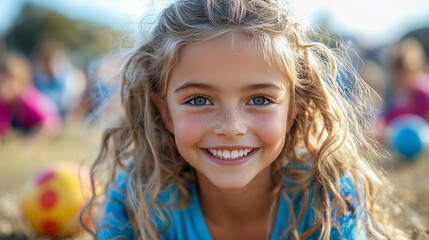 Radiant smile: a portrait of a happy little girl in nature.