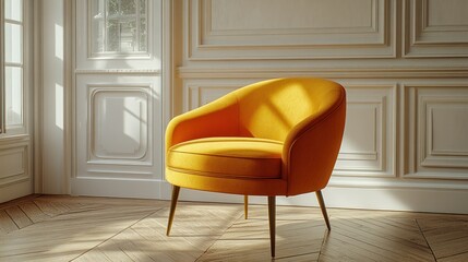 Yellow armchair, sunlit room, interior design, hardwood floor, elegant home decor