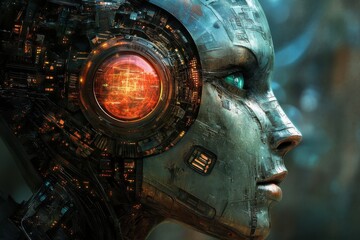 A Close-Up of a Metallic Robot Head with a Glowing Orange Eye