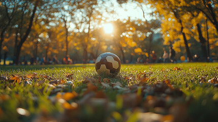 Autumn football: the ball against the backdrop of a golden park.
