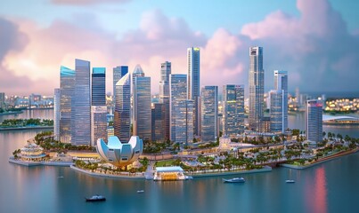 Naklejka premium Singapore skyline sunset, cityscape, island, harbor, modern architecture, tourism, travel, aerial view