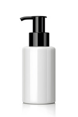 Cosmetic serum pump white bottle, dispenser container mock up. Foundation cream jar, airless pump dispenser design isolated on white background