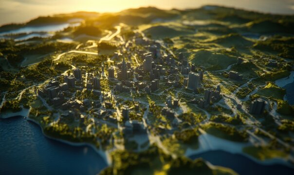Sunset aerial view of city skyline nestled in green hills, perfect for urban planning or environmental reports