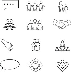 Community icon set. Containing people, friendship, social, diversity, village, relationships, support and community development icons. Solid icon collection on white.