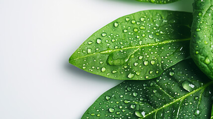 Fresh spinach leaves with water droplets on a white background.