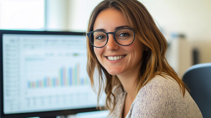A smiling businesswoman works at her computer in the office.