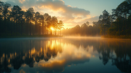 A serene morning on a forest lake: Golden sunrise and misty smoothness.