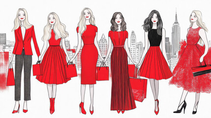 Stylish women in red outfits hold shopping bags against a city skyline, showcasing elegance and urban fashion.